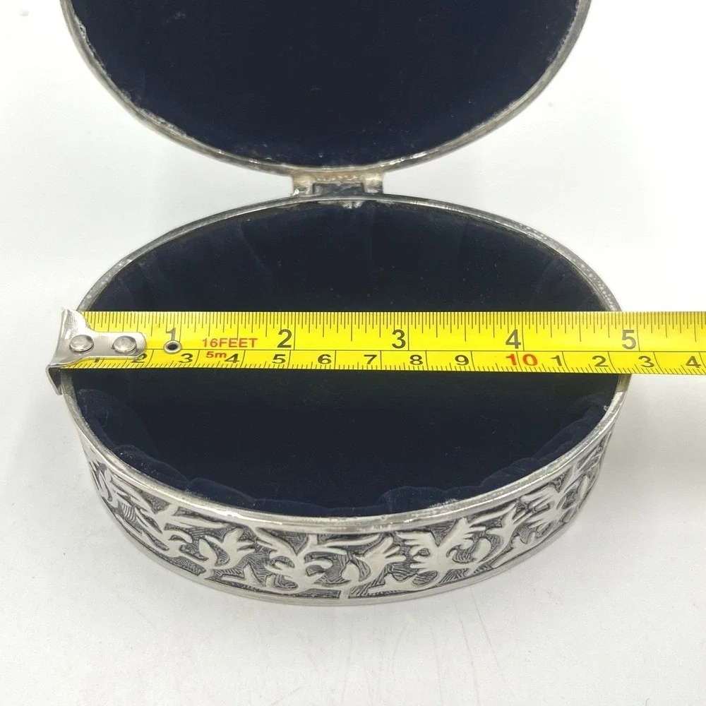 Vintage Oval Silver Plated Jewelry Trinket Box Monogrammed Velvet Lined Keepsake